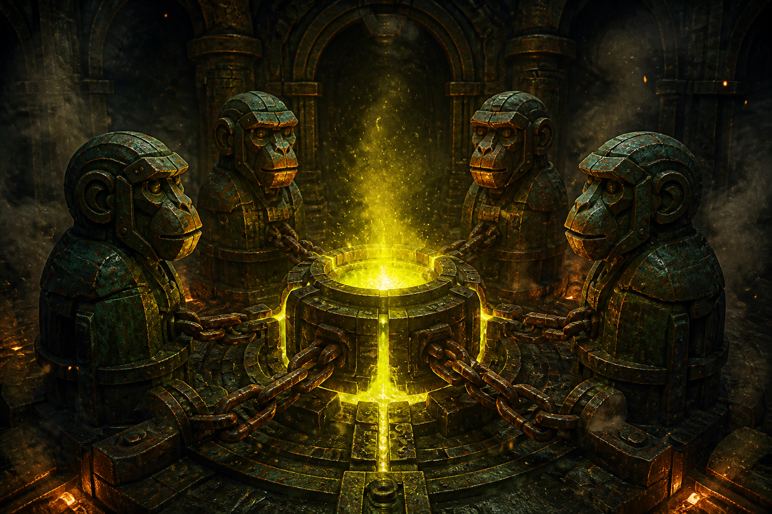 Copper ape totems gathered around a glowing forge