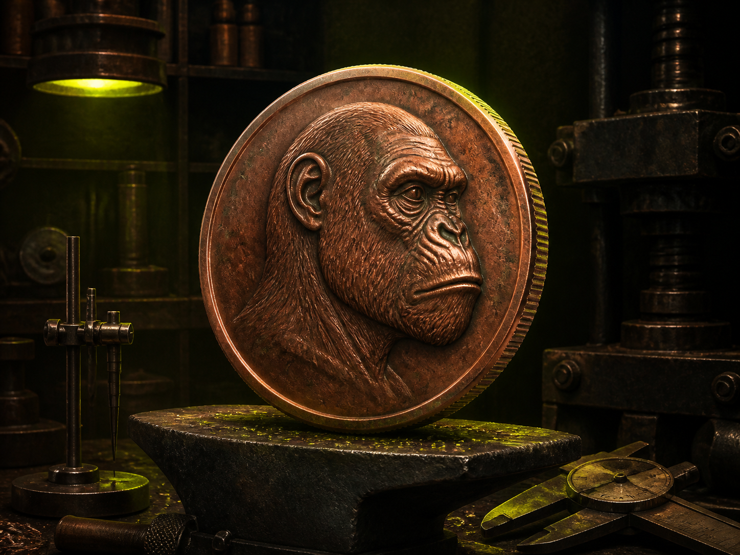 Copper ape medallion resting on a blacksmith anvil
